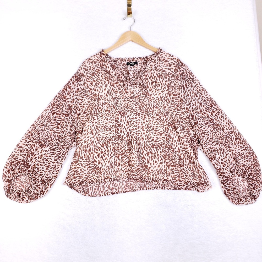 Jessica‎ Simpson Animal Print Blouse XL Long Sleeve Boho Peasant Top Brown